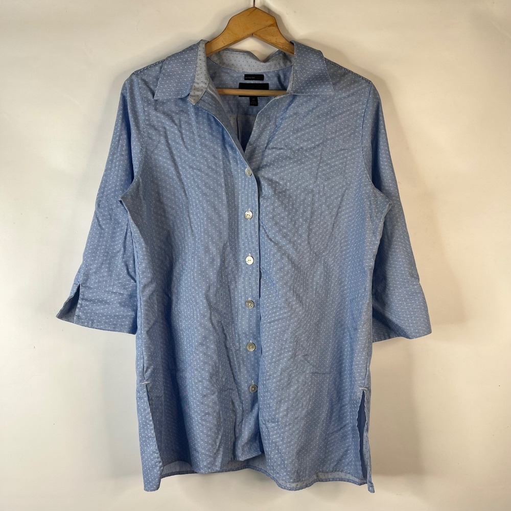 Investments Button Down Tunic Women 14 Blue White Wrinkle Free 3/4 Sleeve Cotton